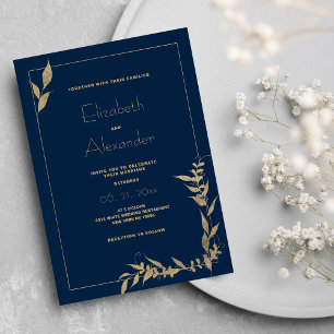 Luxury navy blue gold foliage Wedding Invitation