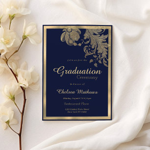 Luxury navy blue gold glitter flowers Graduation Invitation