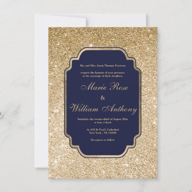 Luxury navy blue gold glitter Wedding Invitation (Front)