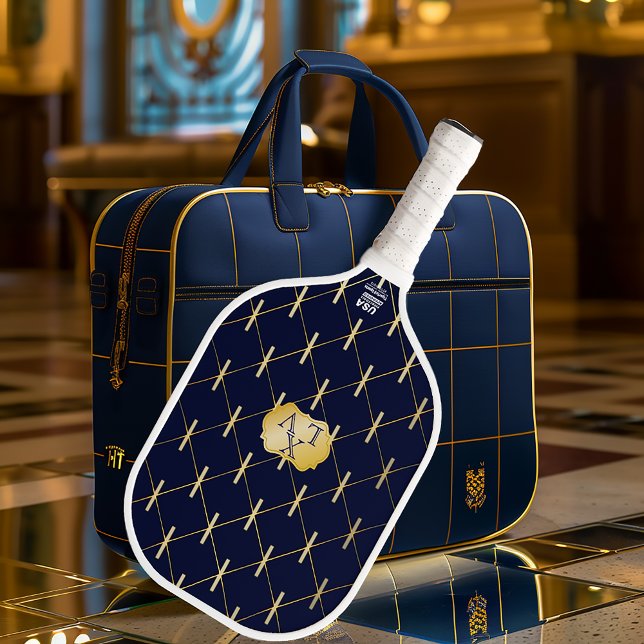 Luxury Navy Blue & Gold Lattice Monogram Pickleball Paddle (Stylish Navy Blue and Gold Monogrammed Pickleball Paddle )