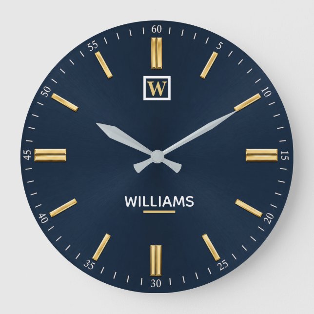 Luxury Navy Blue & Gold Minimalist Large Clock (Front)