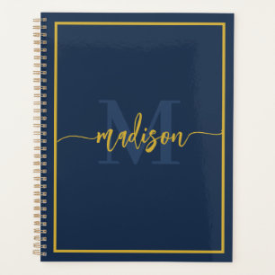 Luxury Navy Blue Gold Monogram Script Name Planner