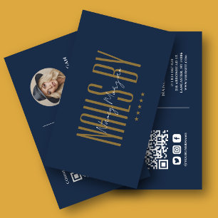 Luxury Navy Blue Gold Nail Tech Photo QR Code Business Card