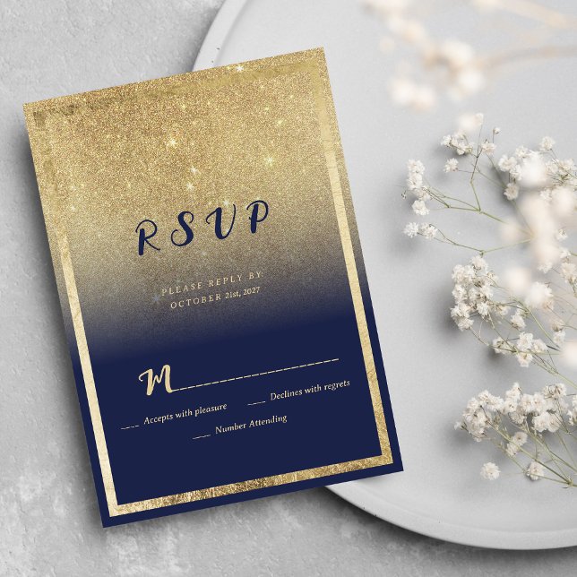 Luxury navy blue gold ombre glitter RSVP Invitation (Luxury navy blue gold ombre glitter RSVP )