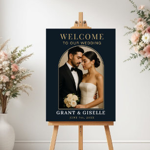 Luxury Navy Blue Gold Photo Wedding Welcome Sign 
