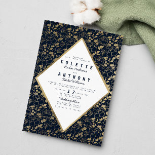 Luxury navy blue gold romantic floral wedding invitation