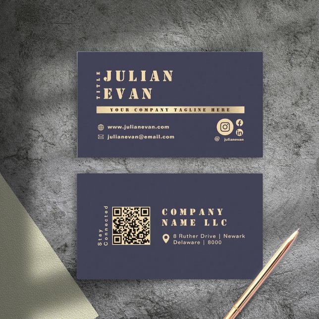 Luxury Navy Blue & Gold Shiny Bold Typography Business Card (Modern Social Media All Black Bold Typography Business Card )