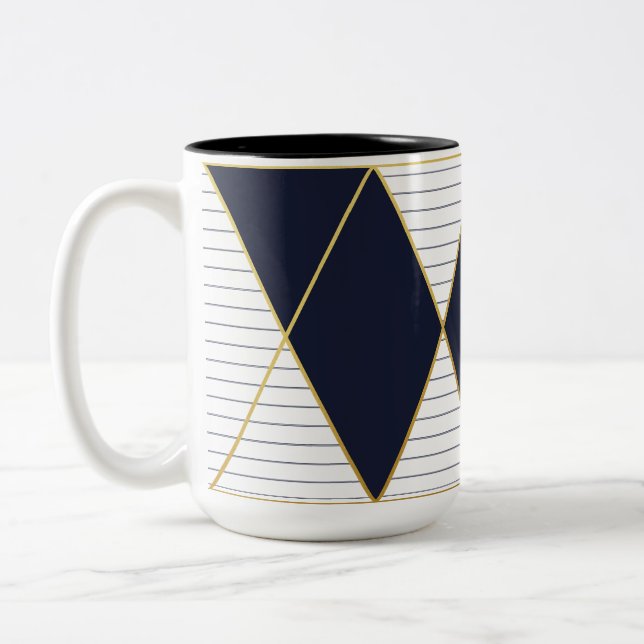 Luxury Navy Blue Gold Stripe Monogram Two-Tone Mug (Left)