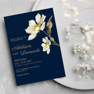 Luxury navy blue gold white glitter flower Wedding Invitation