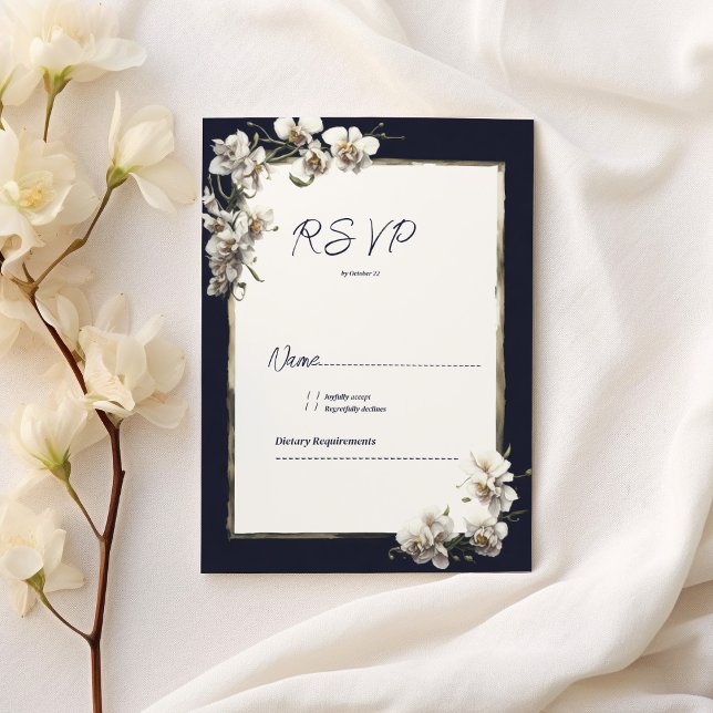 Luxury navy blue gold white orchid floral RSVP Invitation (Luxury navy blue gold white orchid floral RSVP)