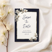 Luxury navy blue gold white orchid Save The Date