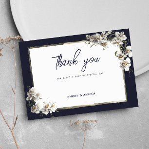 Luxury navy blue gold white orchid Thank You Invitation