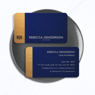 Luxury Navy Blue Leather Gold Accent Monogram Business Card