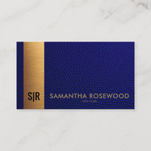 Luxury Navy Blue Leather & Gold Panel Monogram Business Card