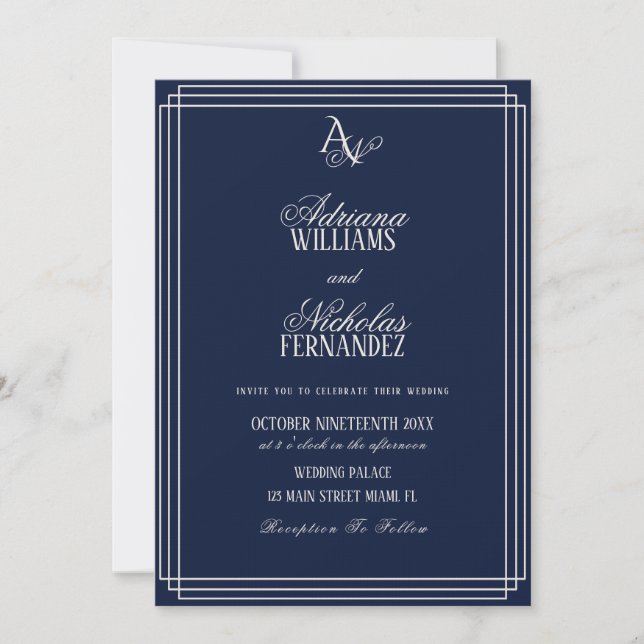 Luxury Navy Blue Monogram Wedding Invitation (Front)