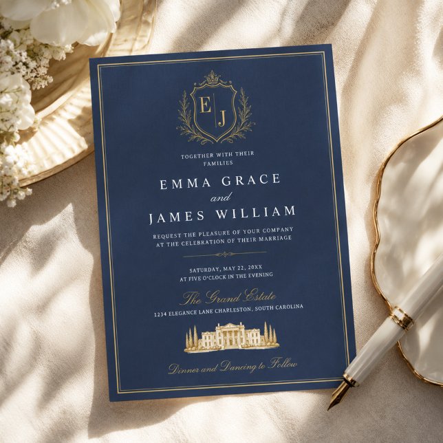 Luxury Navy Blue Old Money Wedding Monogram Invitation (Creator Uploaded)