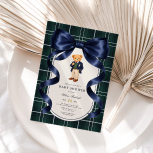 Luxury Navy Blue Polo Teddy Bear Boy Baby Shower Invitation
