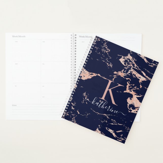 Luxury Navy Blue Rose Gold Foil Marble Monogram Planner (Display)