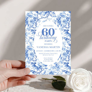 Luxury Navy Blue Roses Toile 60th Birthday Invite