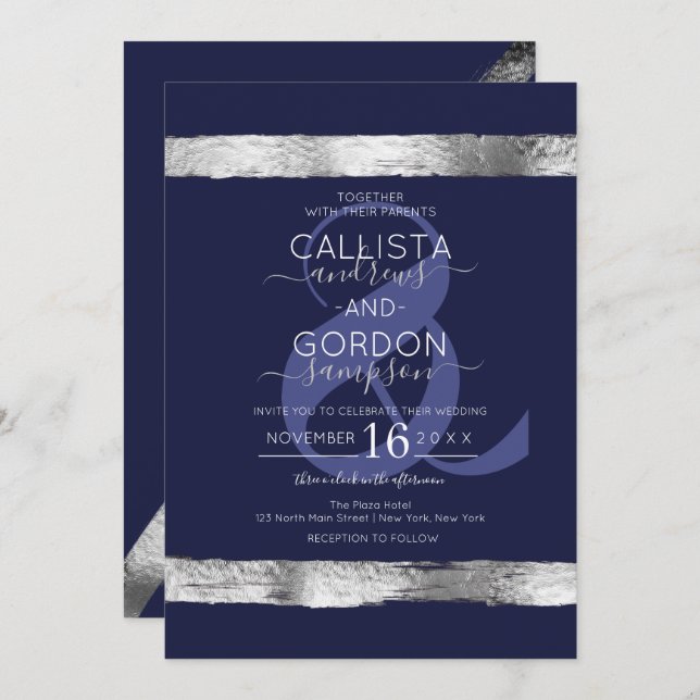 Luxury Navy Blue Silver Brushstroke Border Wedding Invitation (Front/Back)