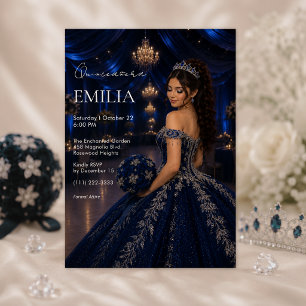 Luxury Navy Blue Silver Quinceañera Invitation