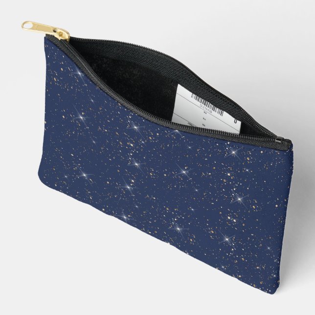 Luxury navy blue sparkle gold glitter pattern accessory pouch (Open)