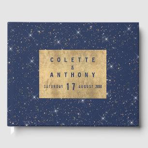 Luxury navy blue sparkle gold glitter pattern guest book