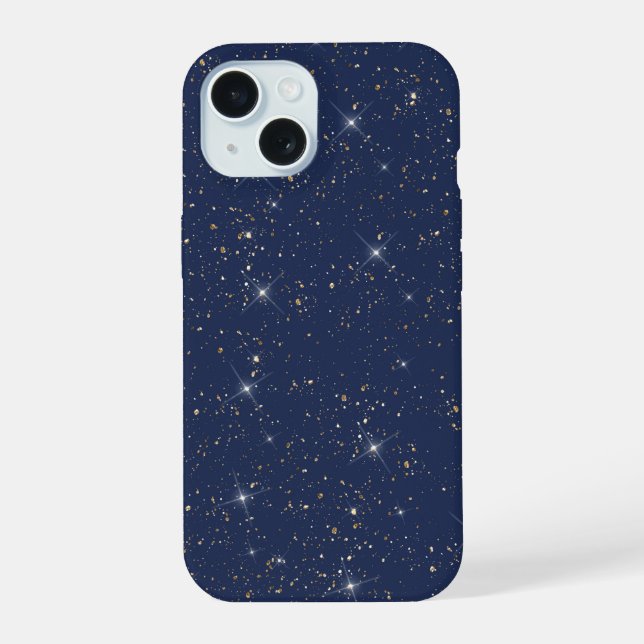 Luxury navy blue sparkle gold glitter pattern iPhone 15 case (Back)
