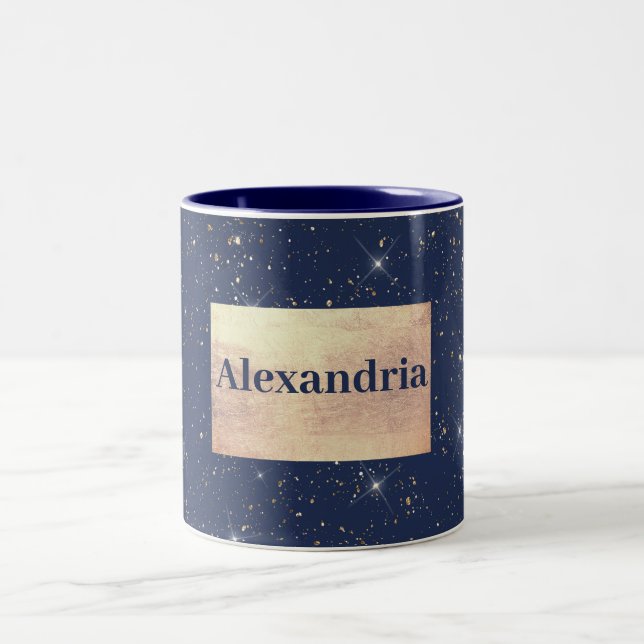 Luxury navy blue sparkle gold glitter pattern Two-Tone coffee mug (Center)