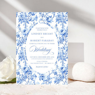 Luxury Navy Blue Toile Rose Floral Wedding Invite