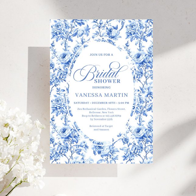 Luxury Navy Blue Toile Roses Bridal Shower Invites (Luxury Navy Blue Toile Roses Bridal Shower Invitation)