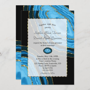 Luxury Navy Blue Watercolor Agates Pearls Wedding Invitation
