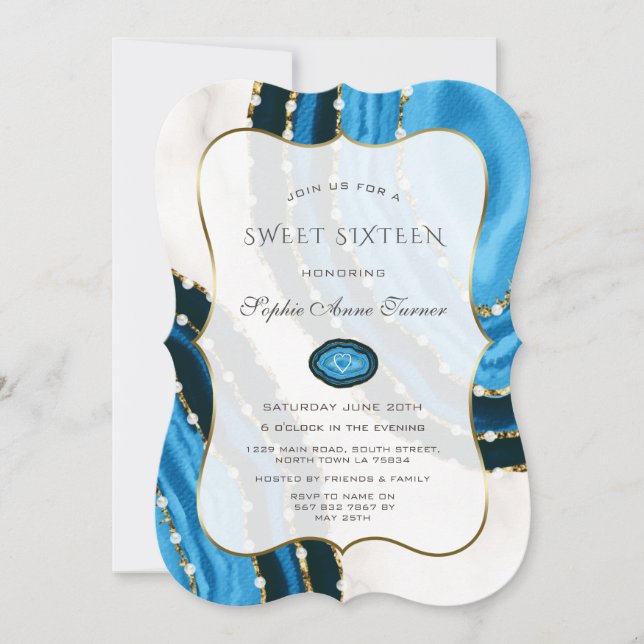Luxury Navy Blue Watercolor Agates Sweet Sixteen Invitation (Front)