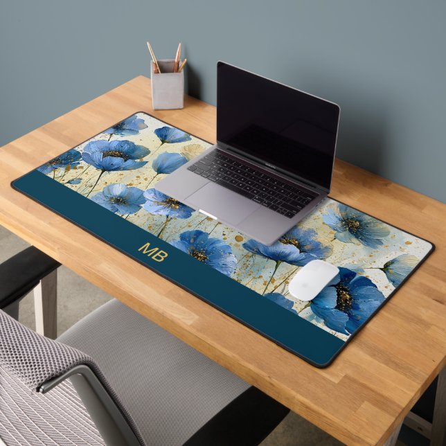 Luxury Navy Cream Gold Floral Monogram  Desk Mat (Office 2)