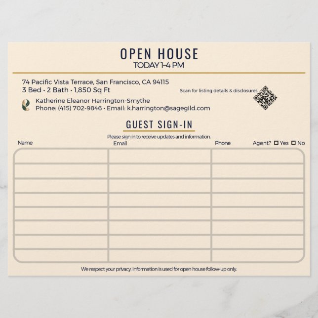 Luxury Navy & Cream Realtor Open House Sign-In Flyer (Front)