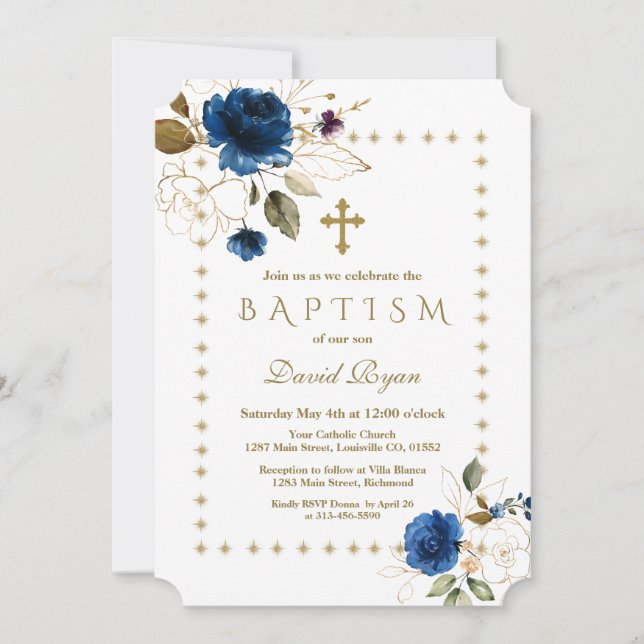 Luxury Navy Floral Gold Glitter Sparkles Baptism Invitation (Front)