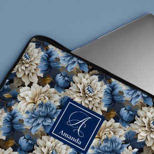 Luxury Navy Flowers Blue Floral Laptop Sleeve Case