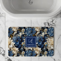 Luxury Navy Flowers Custom Name Floral Bath Mat