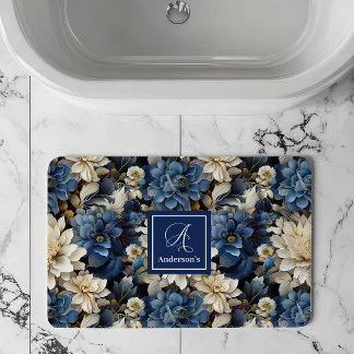 Luxury Navy Flowers Custom Name Floral Bath Mat