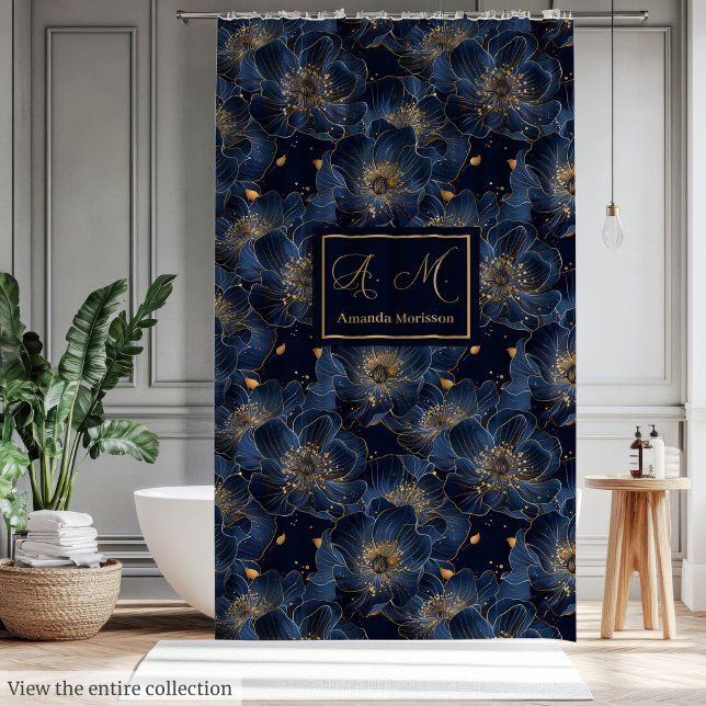 Luxury Navy Gold Floral Pattern Curtain Bathroom (Luxury Navy Gold Floral Pattern Curtain Bathroom)