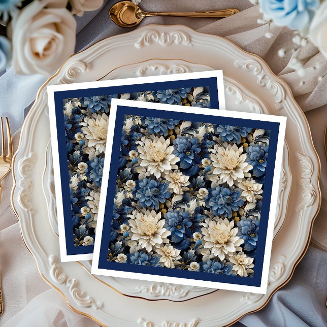 Luxury Navy Ivory White Floral Dinner Napkins (Luxury Navy Ivory White Floral Dinner Napkins)