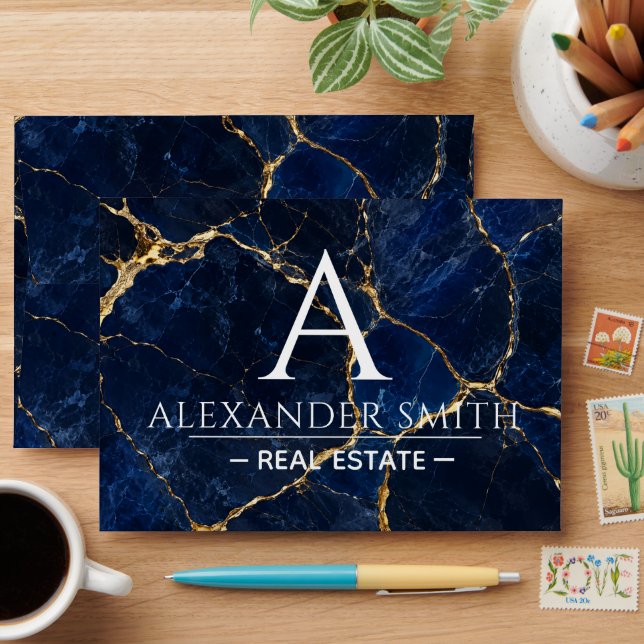 Luxury Navy Marble Gold Monogram Business Branding Envelope (Desk)