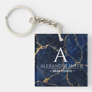 Luxury Navy Marble Gold Monogram Business Branding Key Ring