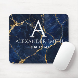 Luxury Navy Marble Gold Monogram Business Branding Mouse Pad