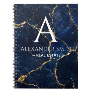 Luxury Navy Marble Gold Monogram Business Branding Notebook