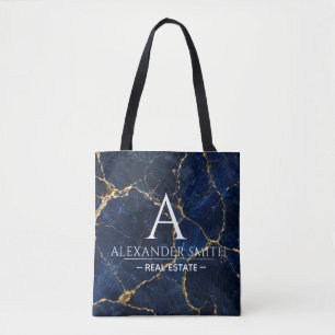 Luxury Navy Marble Gold Monogram Business Branding Tote Bag