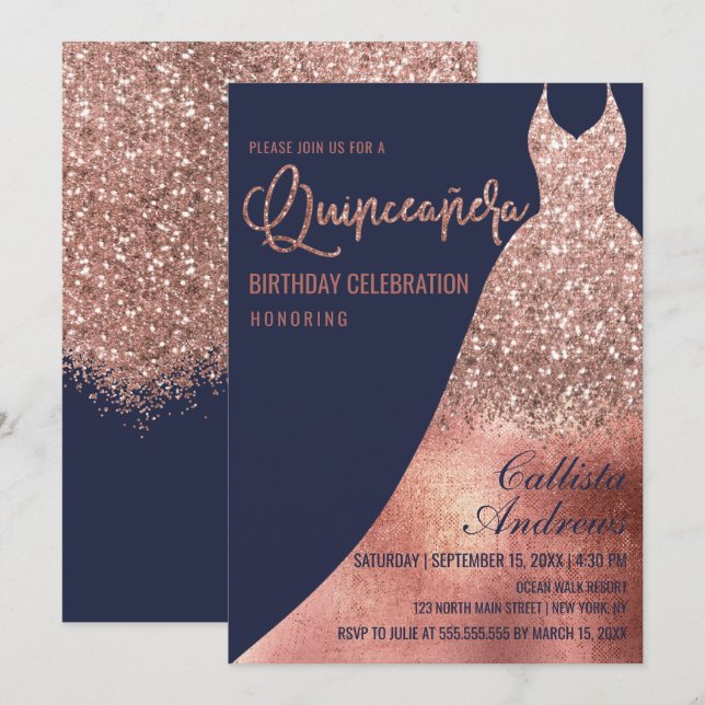 Luxury Navy Rose Gold Glitter Dress Quinceañera Invitation (Front/Back)