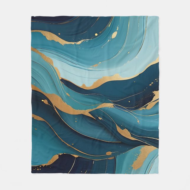Luxury Navy Teal Gold Fluid Abstract Pattern Fleece Blanket (Front)