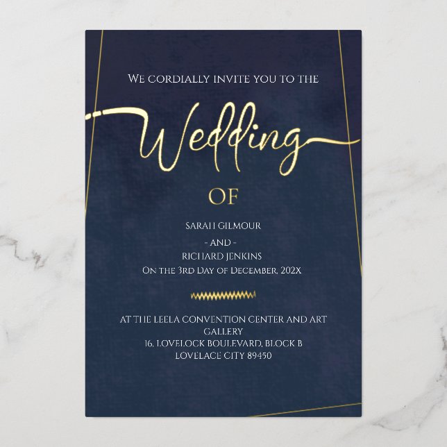 Luxury Navy Velvet  Gold Foil Calligraphy Wedding (Front)