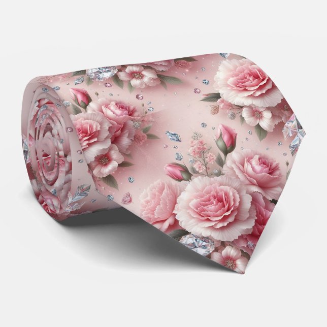 Luxury Neck Tie | Pink Carnations & Diamonds (Rolled)